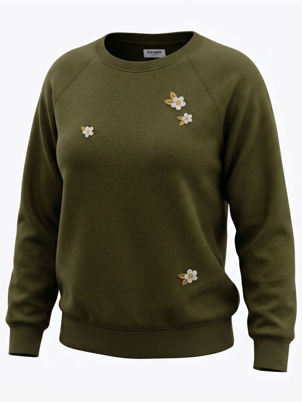 Old Navy SoComfy Oversized Raglan Sweatshirt Avocado Oil Embroidered Flowers XXL